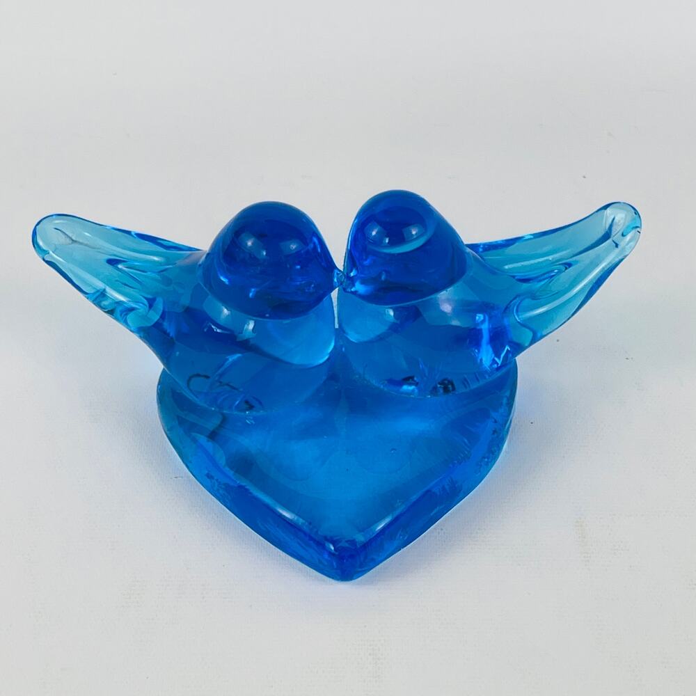 Vintage 1991 Signed Handmade Art Glass Blue Bird of Happiness on Heart